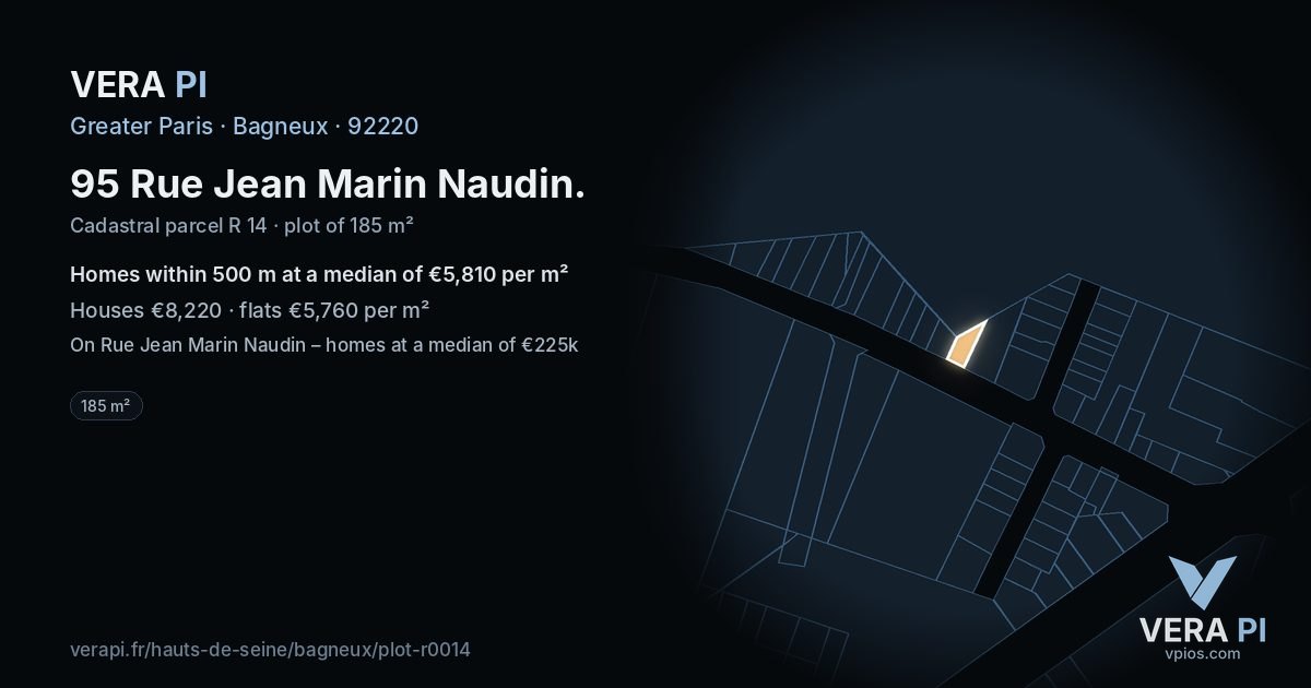 95 Rue Jean Marin Naudin, Bagneux at night – the plot lit, the parcels around coloured by the prices near them