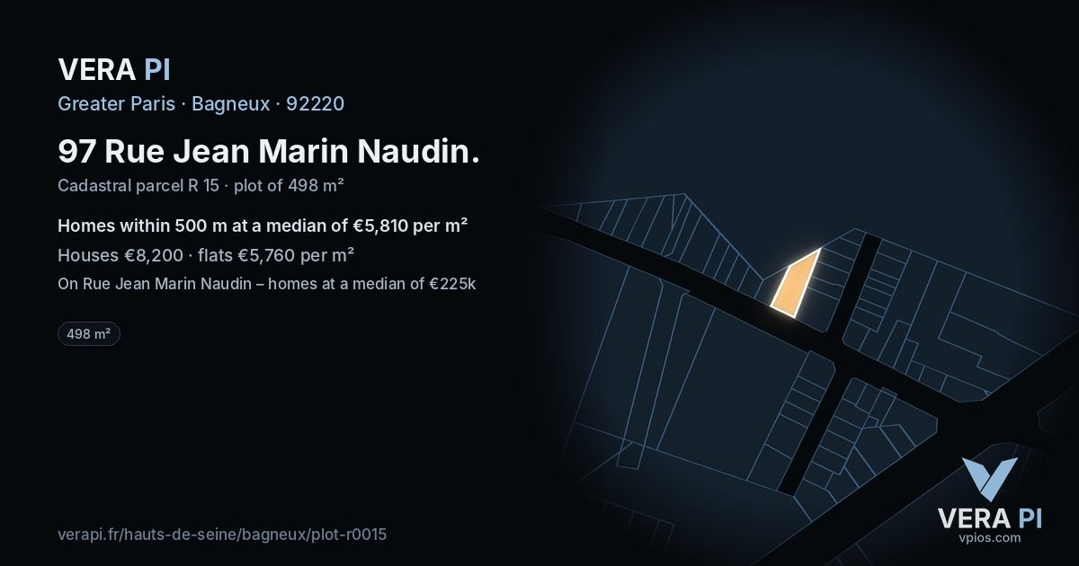 97 Rue Jean Marin Naudin, Bagneux at night – the plot lit, the parcels around coloured by the prices near them
