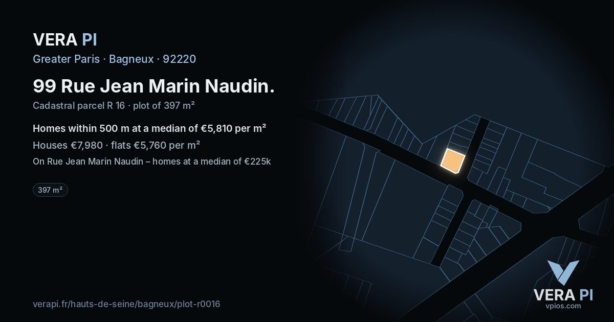 99 Rue Jean Marin Naudin, Bagneux at night – the plot lit, the parcels around coloured by the prices near them