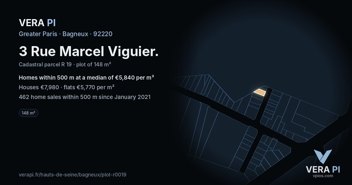 3 Rue Marcel Viguier, Bagneux at night – the plot lit, the parcels around coloured by the prices near them