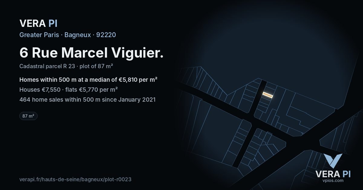 6 Rue Marcel Viguier, Bagneux at night – the plot lit, the parcels around coloured by the prices near them