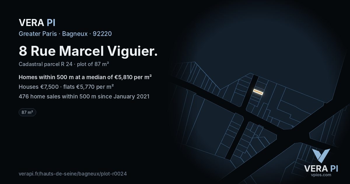 8 Rue Marcel Viguier, Bagneux at night – the plot lit, the parcels around coloured by the prices near them