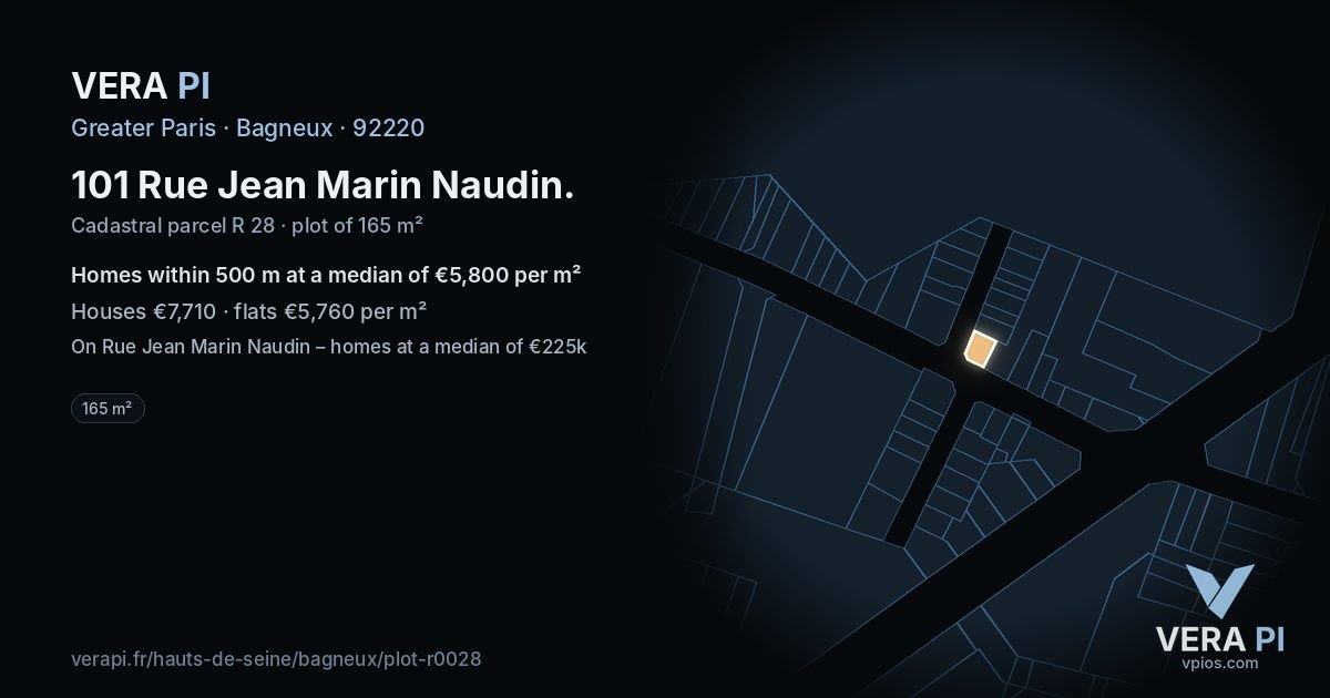 101 Rue Jean Marin Naudin, Bagneux at night – the plot lit, the parcels around coloured by the prices near them