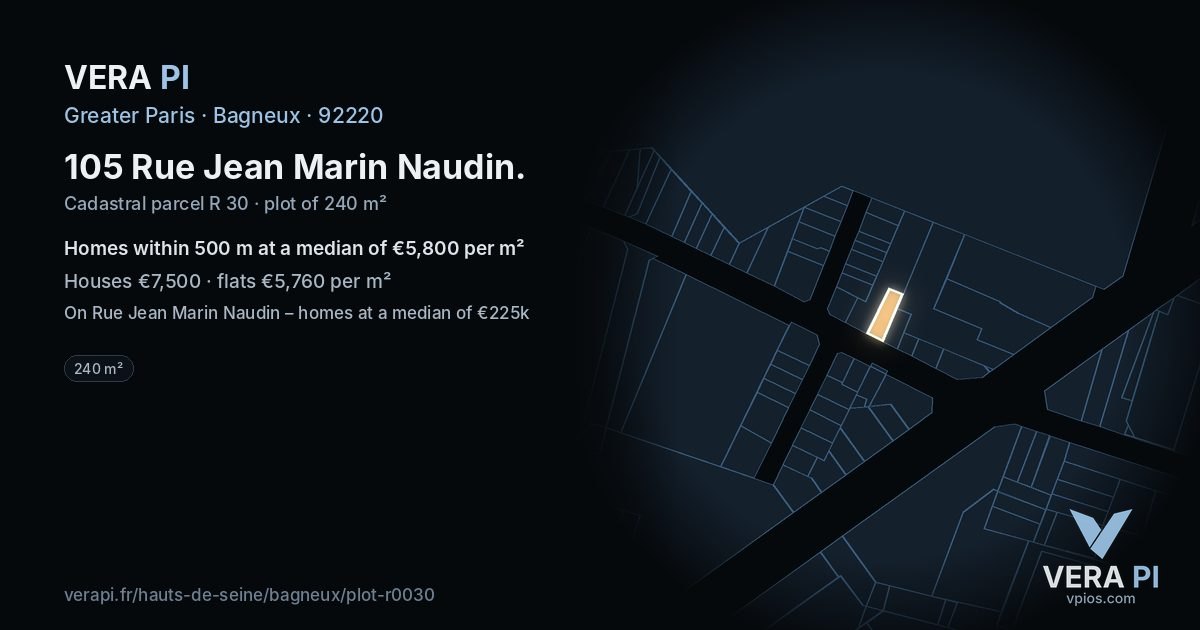 105 Rue Jean Marin Naudin, Bagneux at night – the plot lit, the parcels around coloured by the prices near them