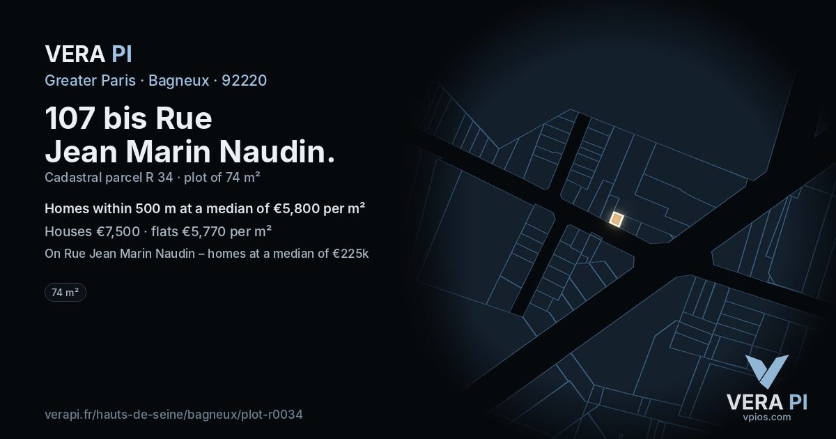 107 bis Rue Jean Marin Naudin, Bagneux at night – the plot lit, the parcels around coloured by the prices near them