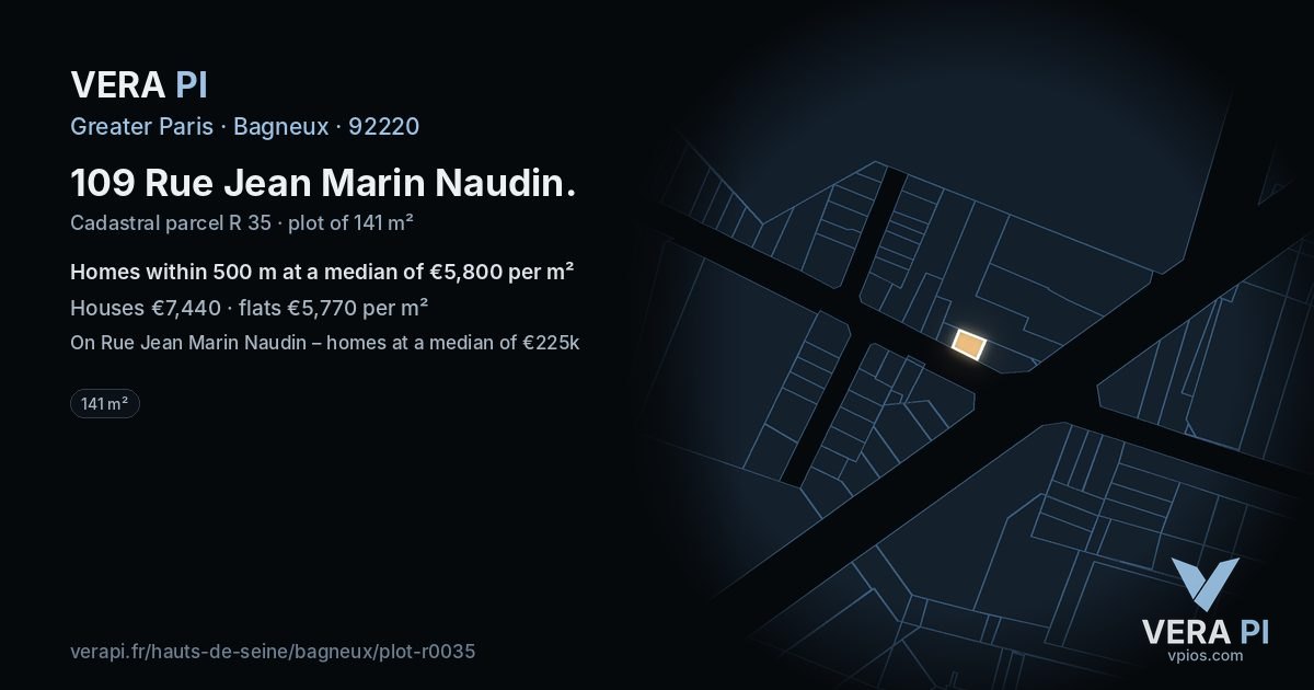 109 Rue Jean Marin Naudin, Bagneux at night – the plot lit, the parcels around coloured by the prices near them