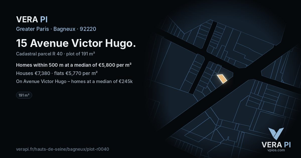 15 Avenue Victor Hugo, Bagneux at night – the plot lit, the parcels around coloured by the prices near them