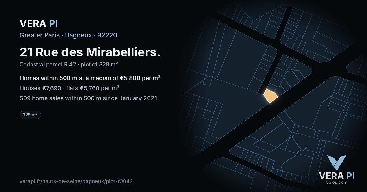 21 Rue des Mirabelliers, Bagneux at night – the plot lit, the parcels around coloured by the prices near them