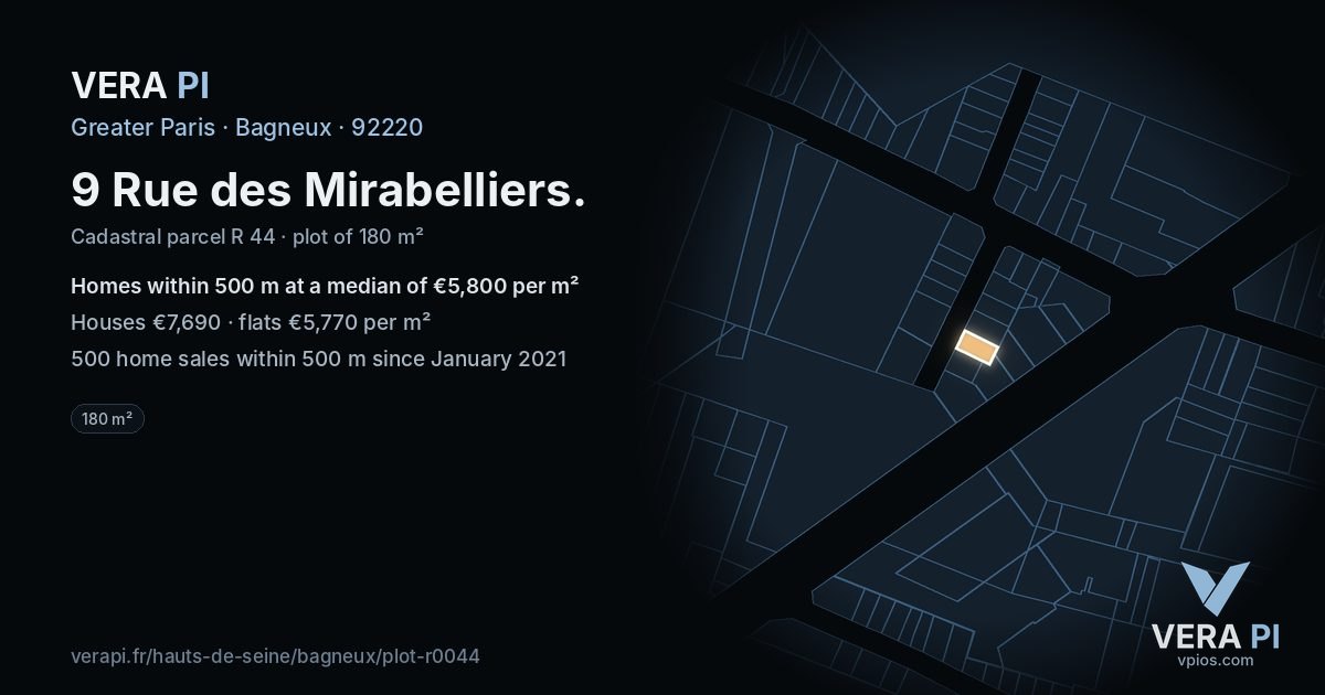 9 Rue des Mirabelliers, Bagneux at night – the plot lit, the parcels around coloured by the prices near them