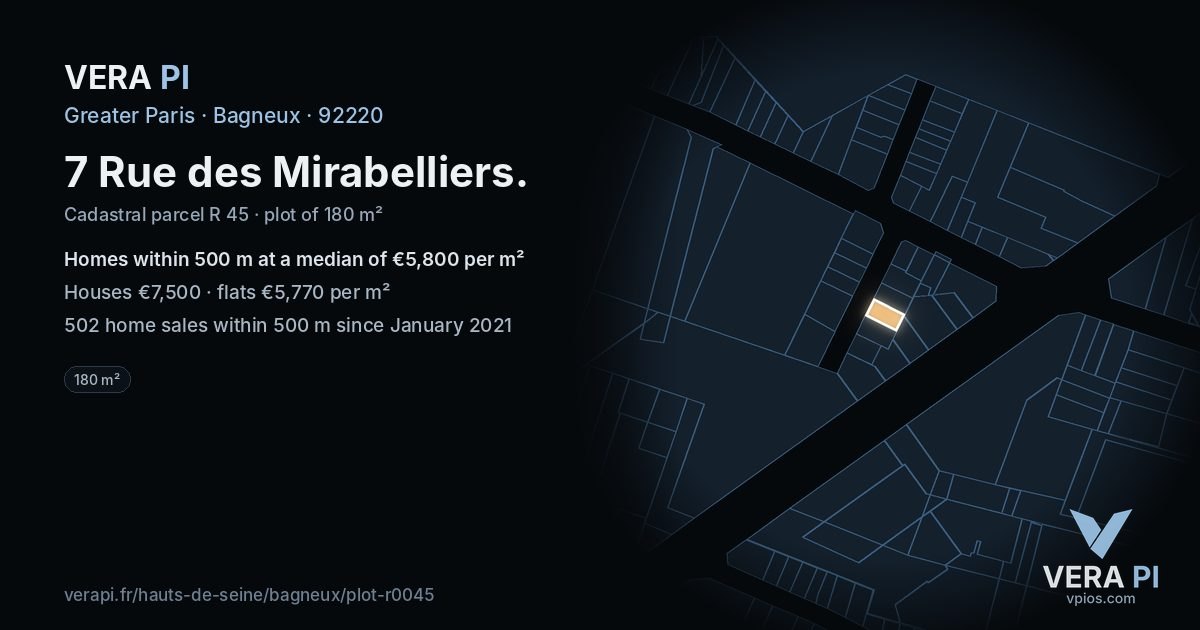 7 Rue des Mirabelliers, Bagneux at night – the plot lit, the parcels around coloured by the prices near them