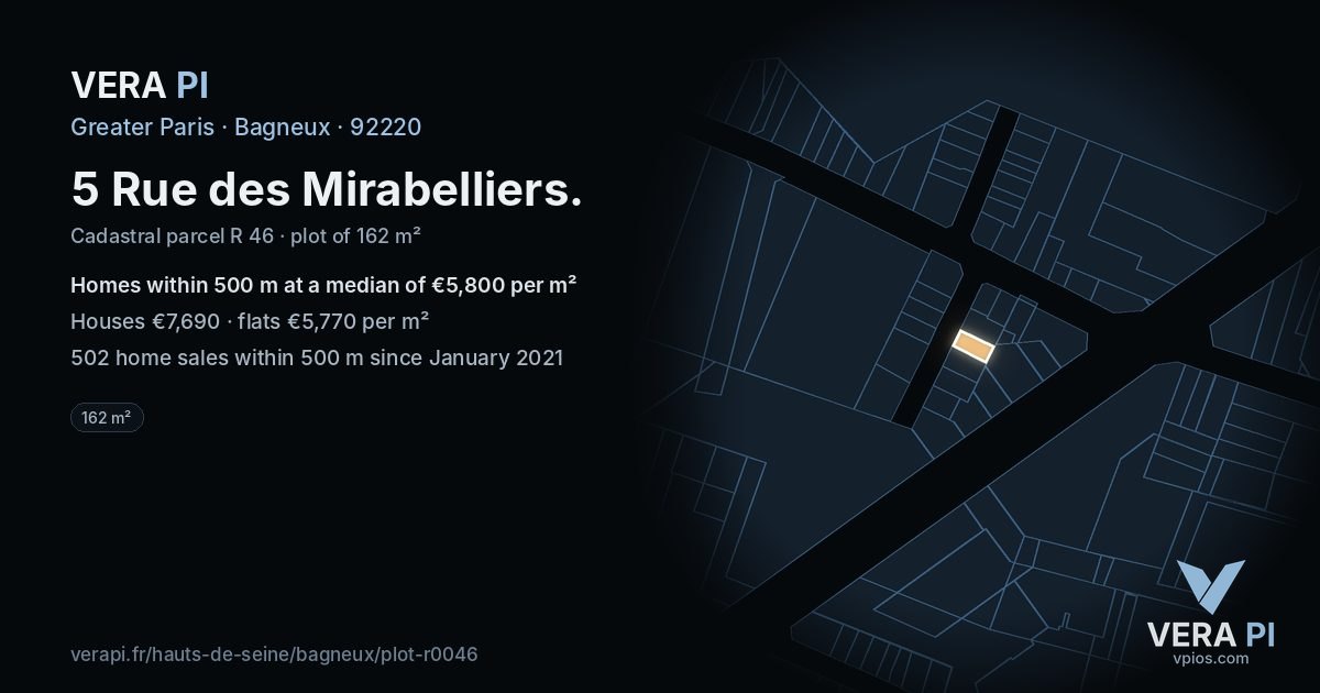 5 Rue des Mirabelliers, Bagneux at night – the plot lit, the parcels around coloured by the prices near them