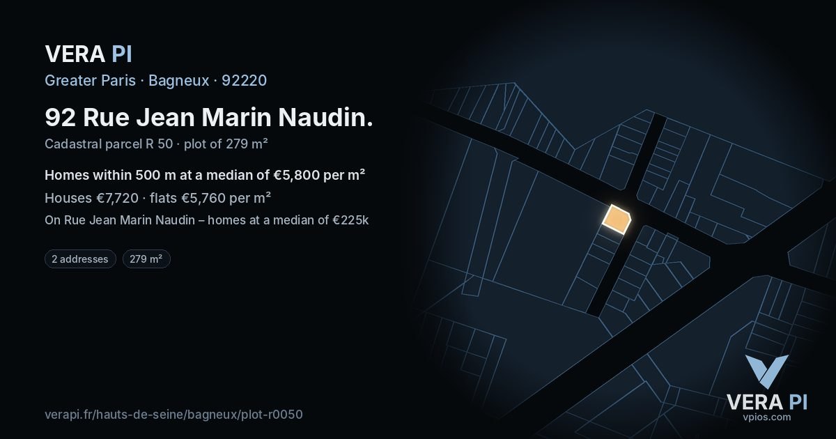 92 Rue Jean Marin Naudin, Bagneux at night – the plot lit, the parcels around coloured by the prices near them