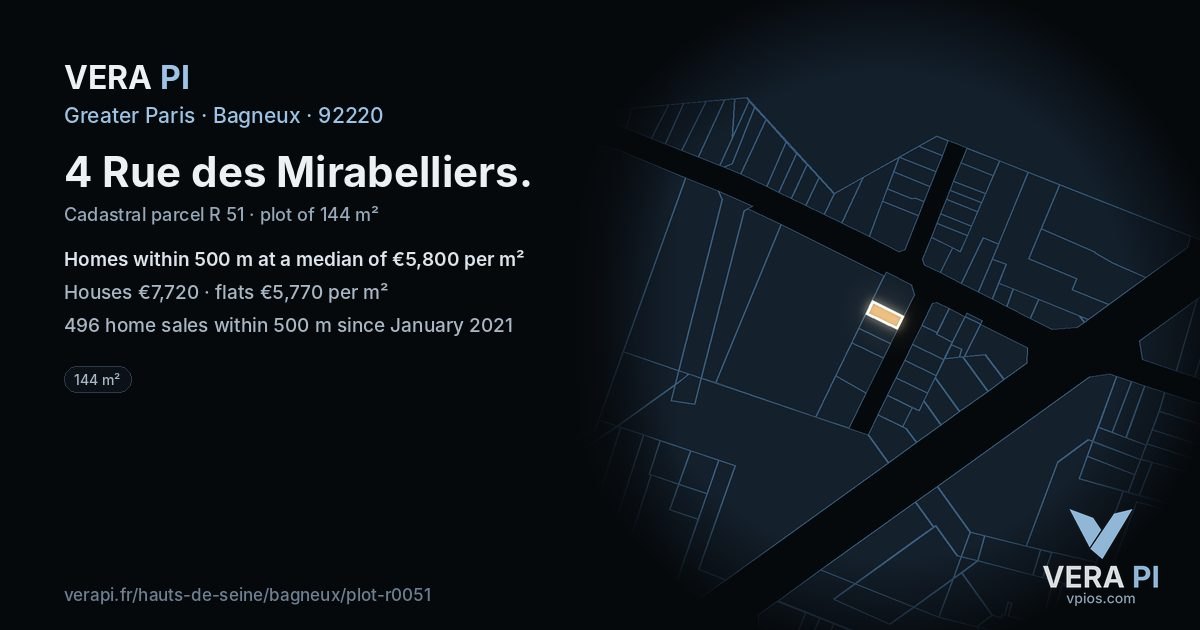 4 Rue des Mirabelliers, Bagneux at night – the plot lit, the parcels around coloured by the prices near them