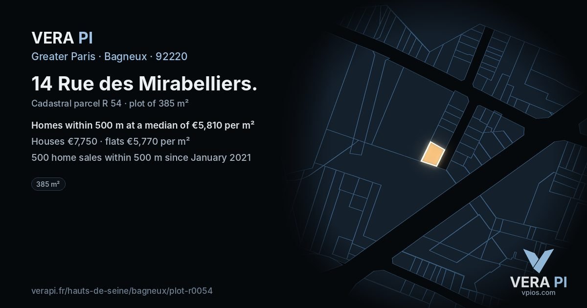 14 Rue des Mirabelliers, Bagneux at night – the plot lit, the parcels around coloured by the prices near them