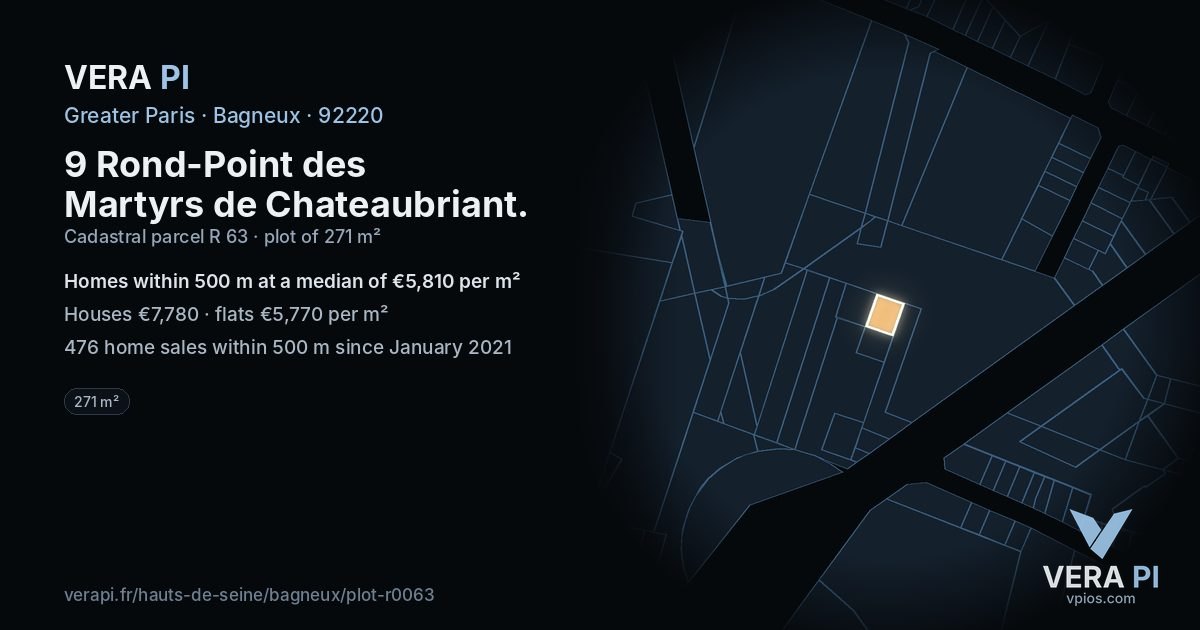 9 Rond-Point des Martyrs de Chateaubriant, Bagneux at night – the plot lit, the parcels around coloured by the prices near them