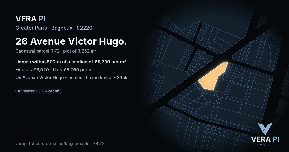 26 Avenue Victor Hugo, Bagneux at night – the plot lit, the parcels around coloured by the prices near them