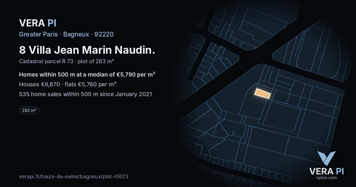 8 Villa Jean Marin Naudin, Bagneux at night – the plot lit, the parcels around coloured by the prices near them