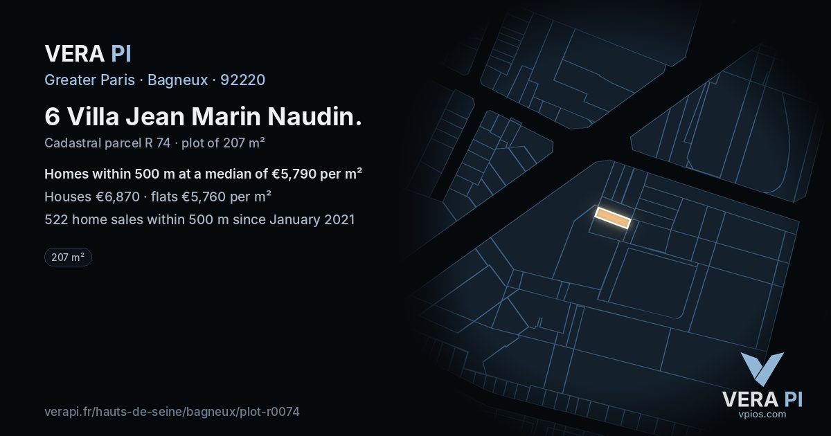 6 Villa Jean Marin Naudin, Bagneux at night – the plot lit, the parcels around coloured by the prices near them