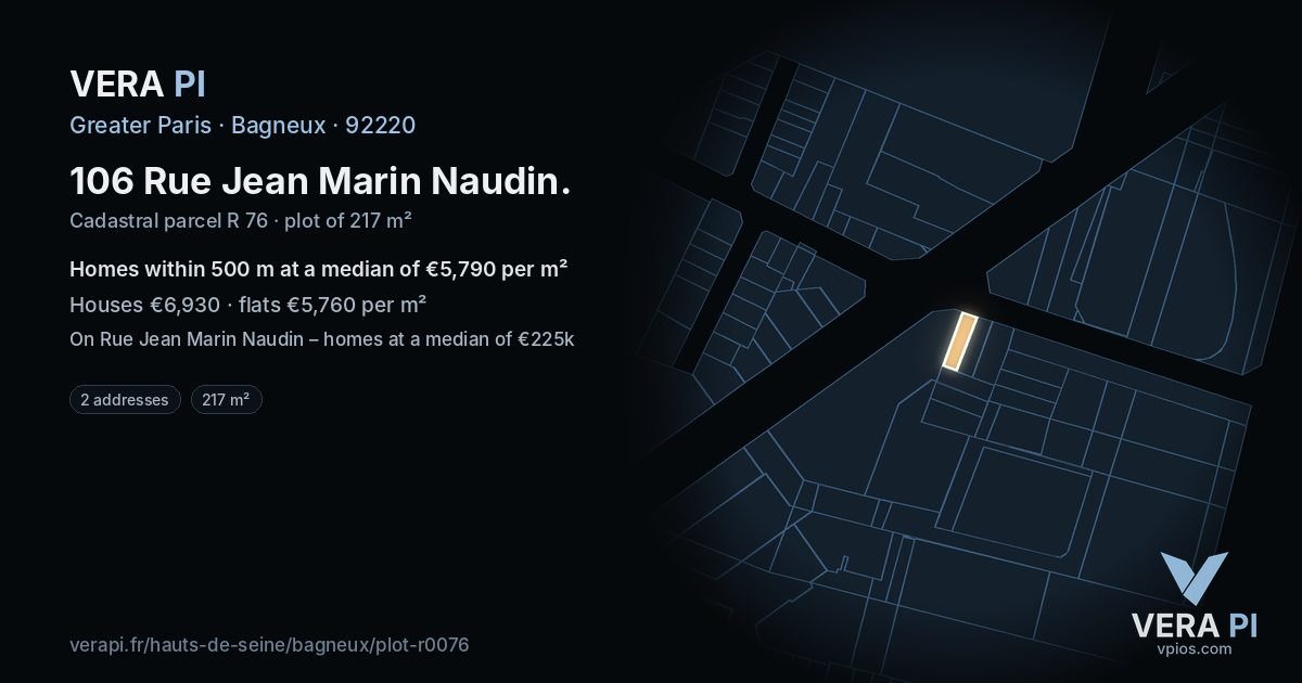 106 Rue Jean Marin Naudin, Bagneux at night – the plot lit, the parcels around coloured by the prices near them
