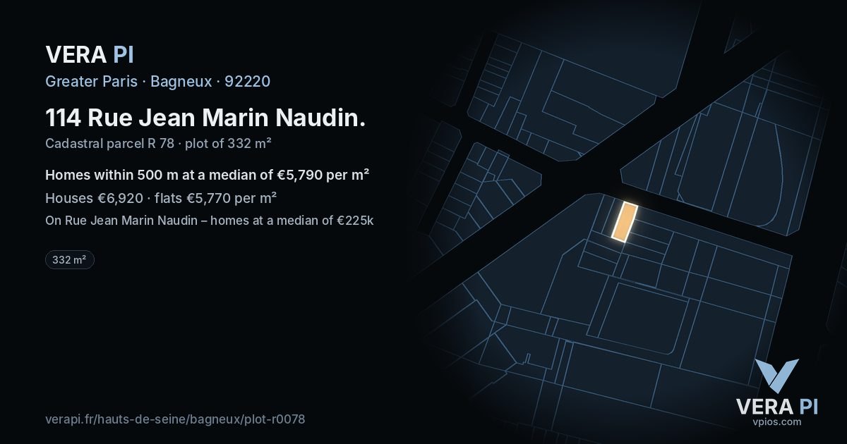 114 Rue Jean Marin Naudin, Bagneux at night – the plot lit, the parcels around coloured by the prices near them
