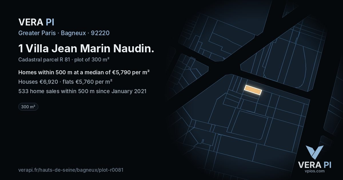 1 Villa Jean Marin Naudin, Bagneux at night – the plot lit, the parcels around coloured by the prices near them
