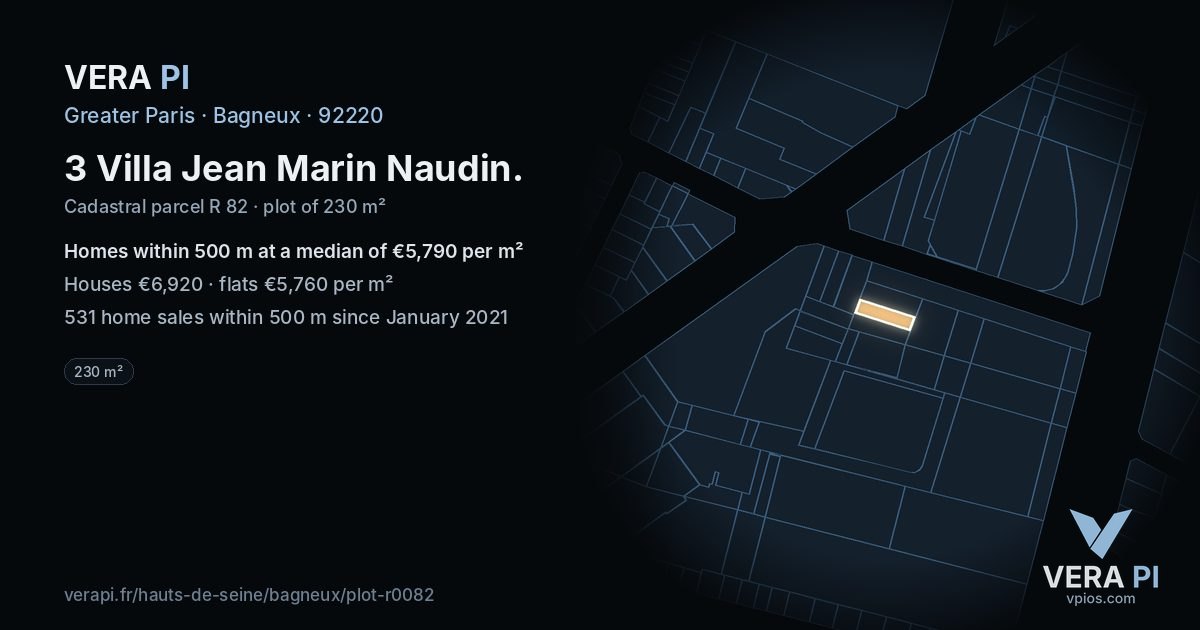 3 Villa Jean Marin Naudin, Bagneux at night – the plot lit, the parcels around coloured by the prices near them