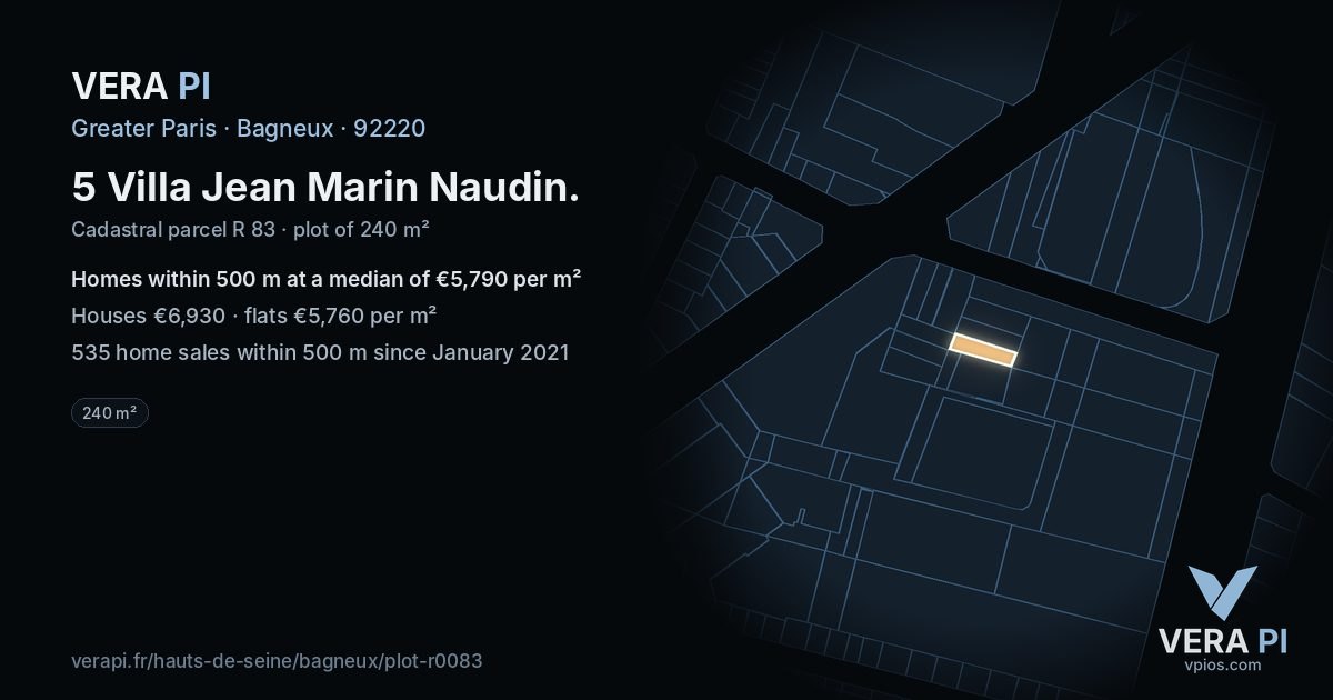 5 Villa Jean Marin Naudin, Bagneux at night – the plot lit, the parcels around coloured by the prices near them