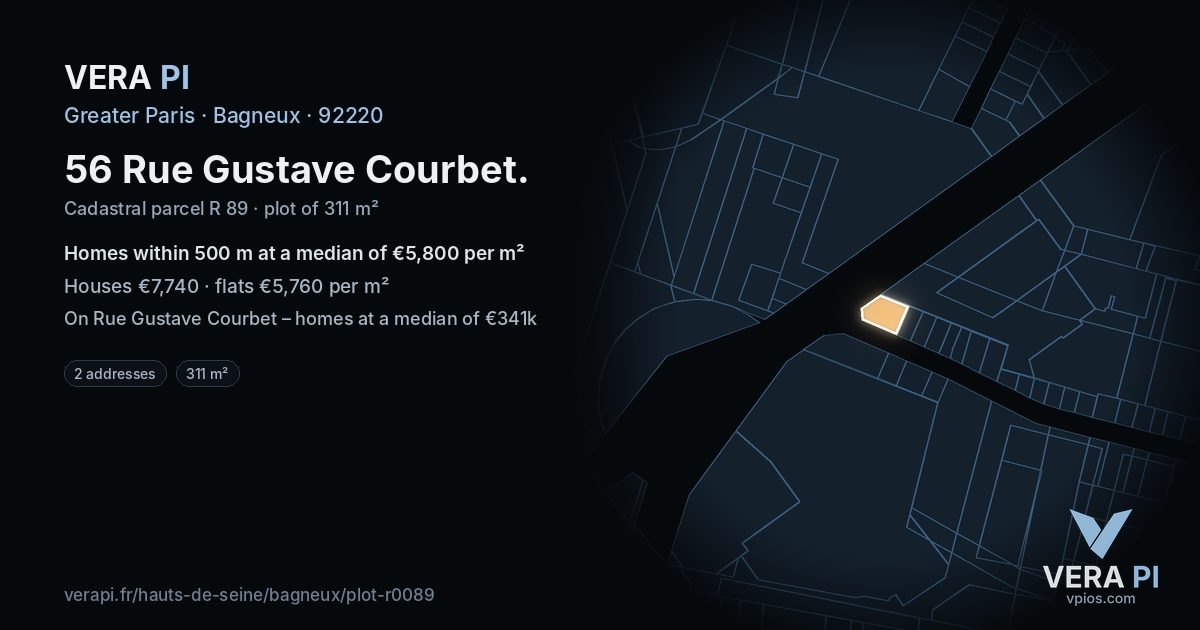 56 Rue Gustave Courbet, Bagneux at night – the plot lit, the parcels around coloured by the prices near them