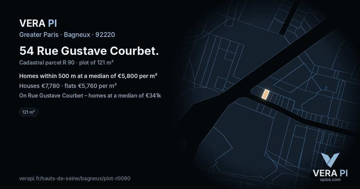 54 Rue Gustave Courbet, Bagneux at night – the plot lit, the parcels around coloured by the prices near them