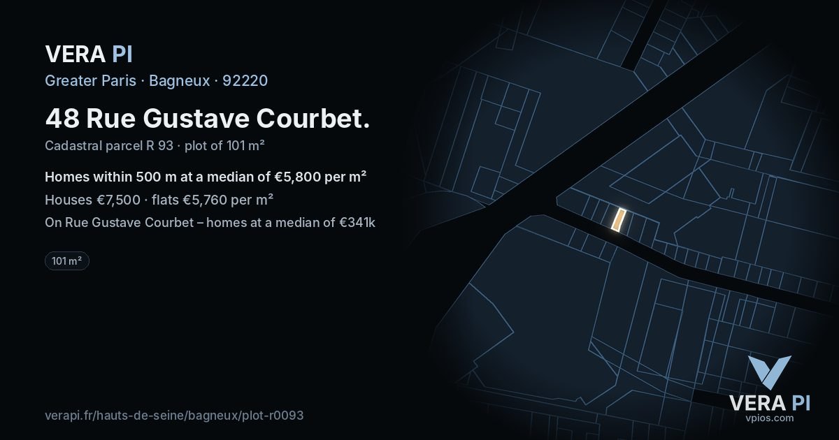 48 Rue Gustave Courbet, Bagneux at night – the plot lit, the parcels around coloured by the prices near them
