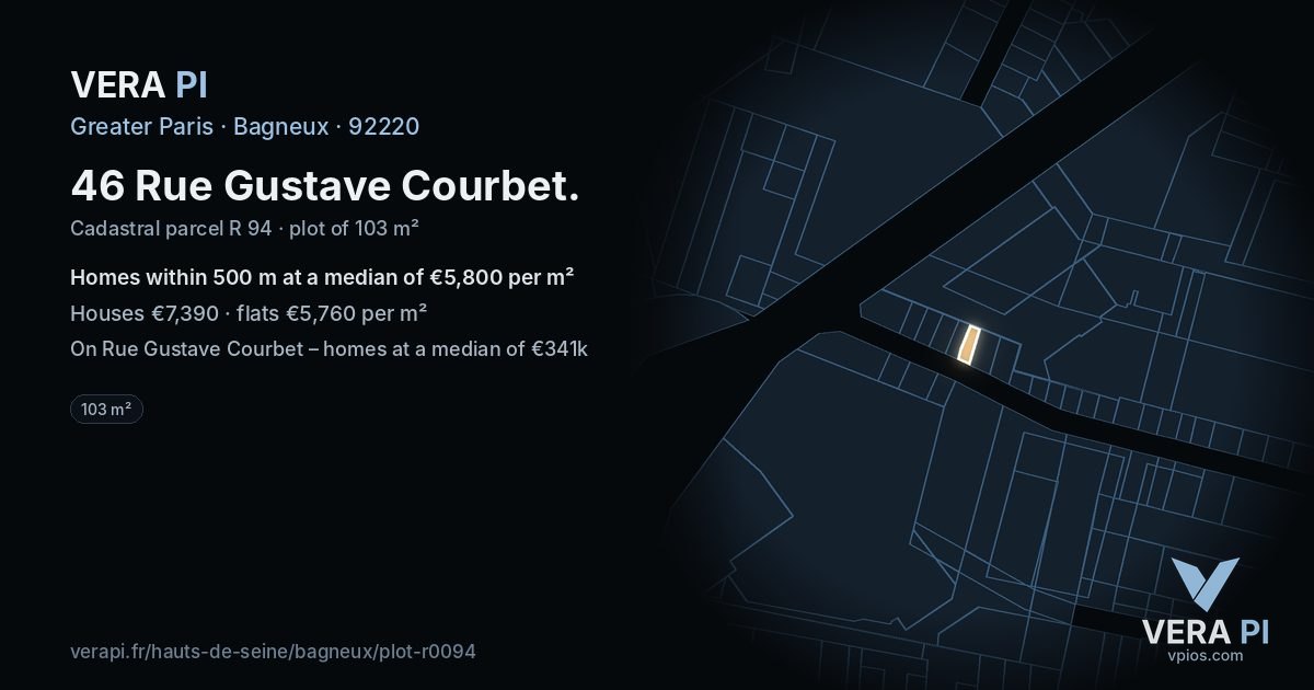 46 Rue Gustave Courbet, Bagneux at night – the plot lit, the parcels around coloured by the prices near them