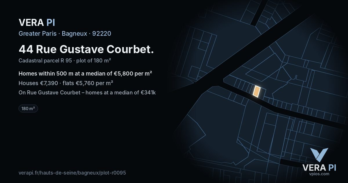 44 Rue Gustave Courbet, Bagneux at night – the plot lit, the parcels around coloured by the prices near them