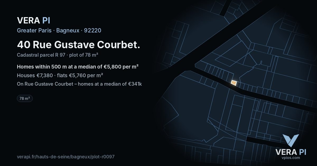 40 Rue Gustave Courbet, Bagneux at night – the plot lit, the parcels around coloured by the prices near them