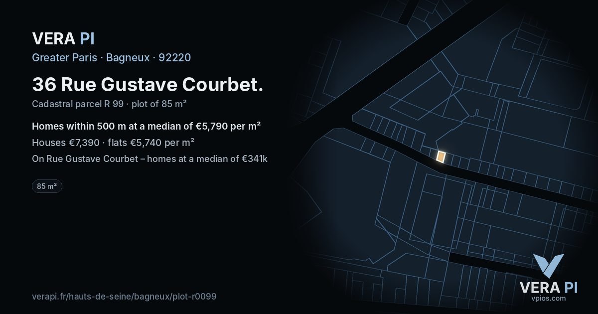 36 Rue Gustave Courbet, Bagneux at night – the plot lit, the parcels around coloured by the prices near them