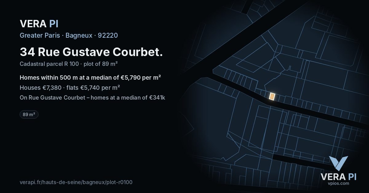 34 Rue Gustave Courbet, Bagneux at night – the plot lit, the parcels around coloured by the prices near them