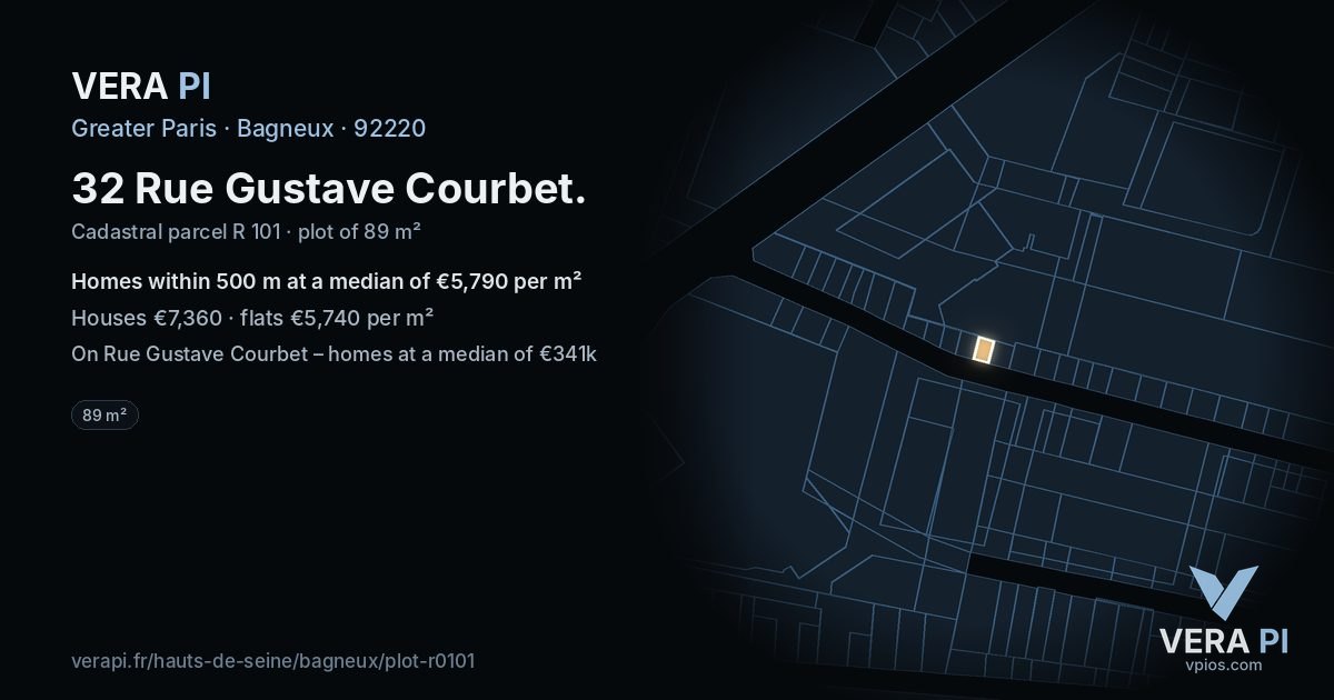 32 Rue Gustave Courbet, Bagneux at night – the plot lit, the parcels around coloured by the prices near them