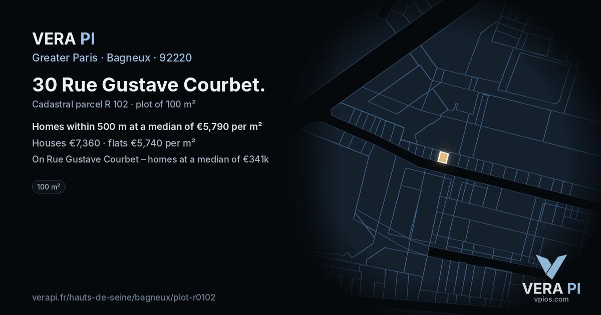 30 Rue Gustave Courbet, Bagneux at night – the plot lit, the parcels around coloured by the prices near them
