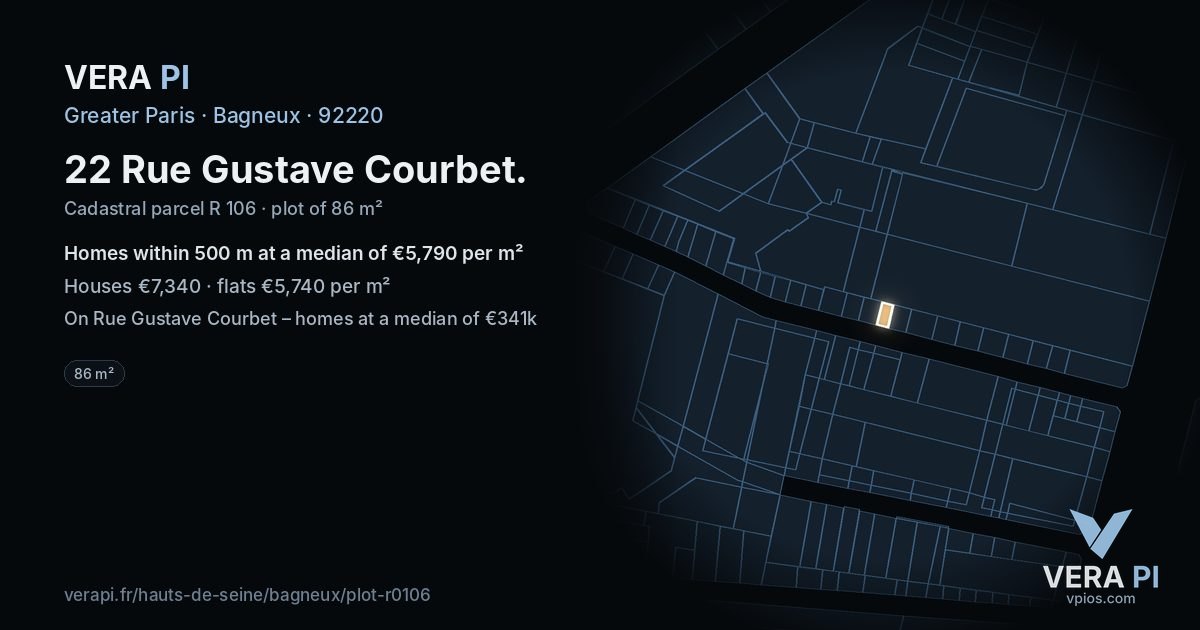 22 Rue Gustave Courbet, Bagneux at night – the plot lit, the parcels around coloured by the prices near them