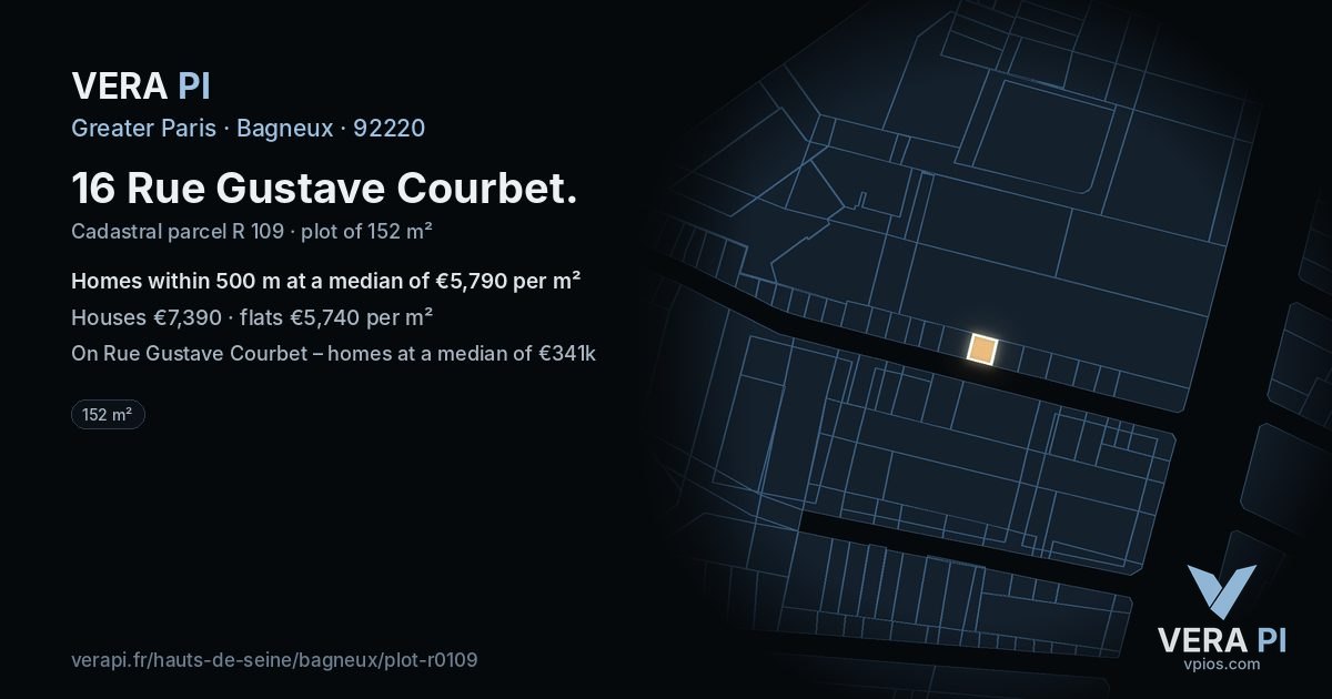 16 Rue Gustave Courbet, Bagneux at night – the plot lit, the parcels around coloured by the prices near them