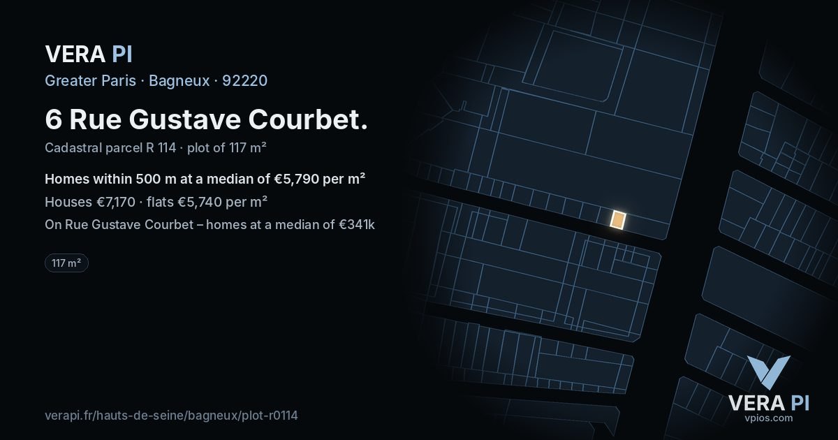 6 Rue Gustave Courbet, Bagneux at night – the plot lit, the parcels around coloured by the prices near them