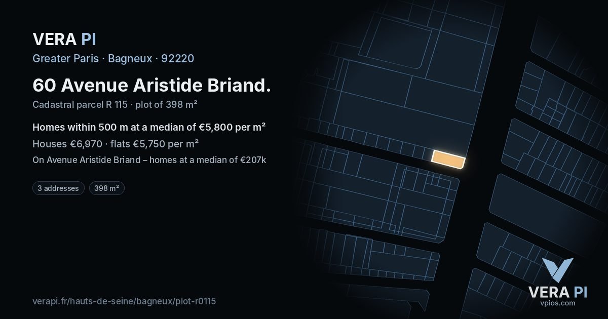 60 Avenue Aristide Briand, Bagneux at night – the plot lit, the parcels around coloured by the prices near them