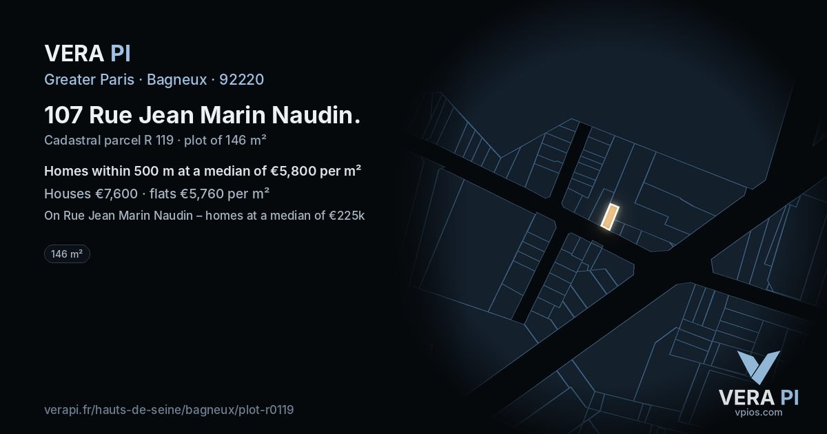 107 Rue Jean Marin Naudin, Bagneux at night – the plot lit, the parcels around coloured by the prices near them
