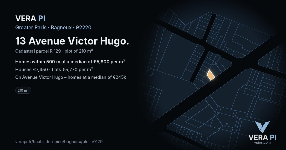13 Avenue Victor Hugo, Bagneux at night – the plot lit, the parcels around coloured by the prices near them