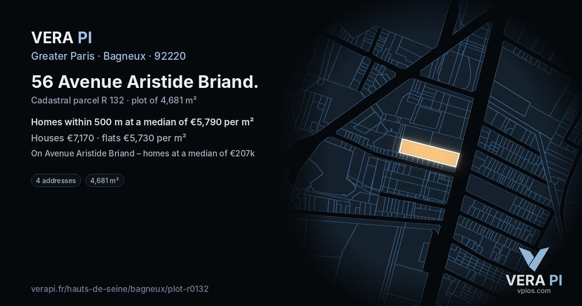 56 Avenue Aristide Briand, Bagneux at night – the plot lit, the parcels around coloured by the prices near them