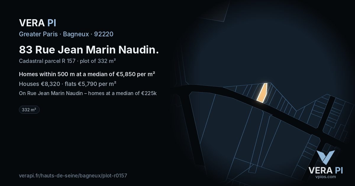 83 Rue Jean Marin Naudin, Bagneux at night – the plot lit, the parcels around coloured by the prices near them