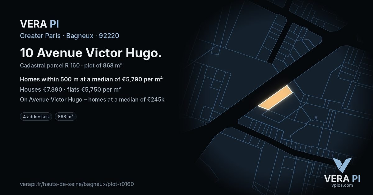 10 Avenue Victor Hugo, Bagneux at night – the plot lit, the parcels around coloured by the prices near them