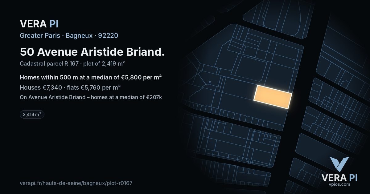 50 Avenue Aristide Briand, Bagneux at night – the plot lit, the parcels around coloured by the prices near them