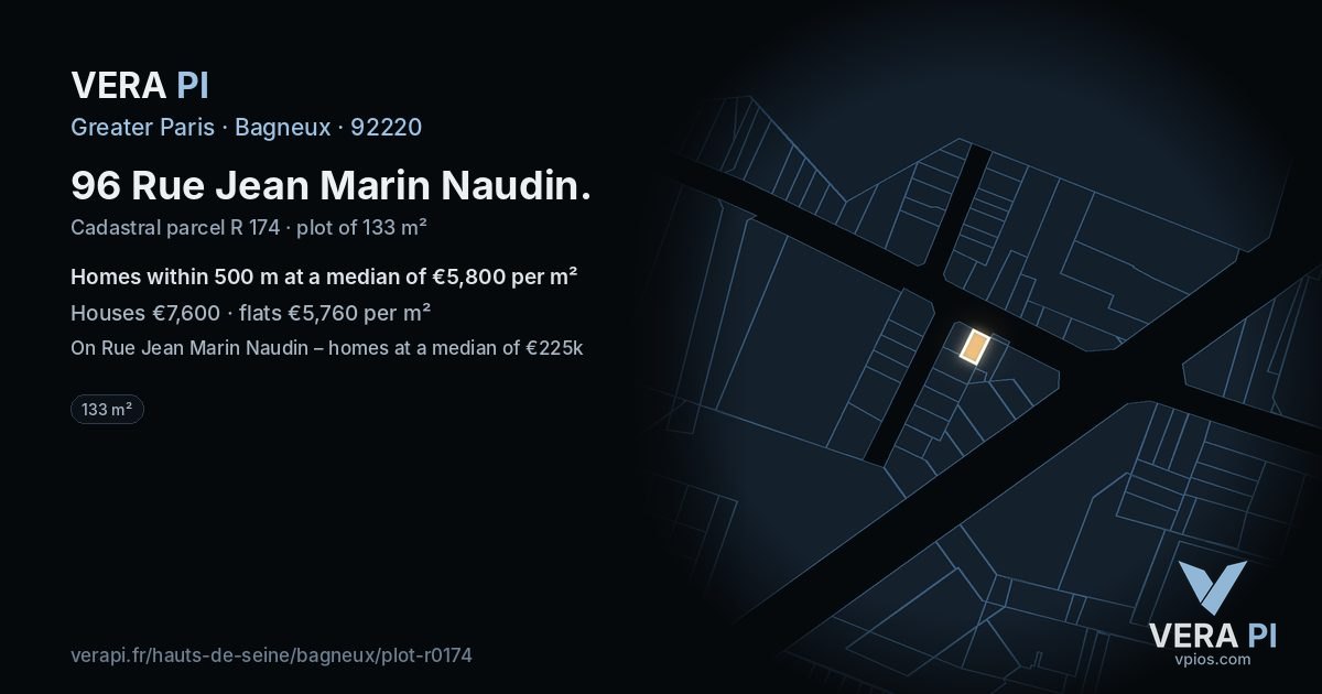 96 Rue Jean Marin Naudin, Bagneux at night – the plot lit, the parcels around coloured by the prices near them