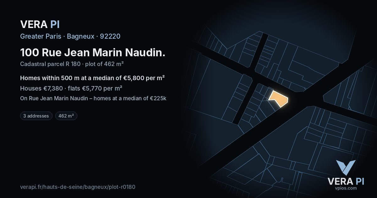 100 Rue Jean Marin Naudin, Bagneux at night – the plot lit, the parcels around coloured by the prices near them