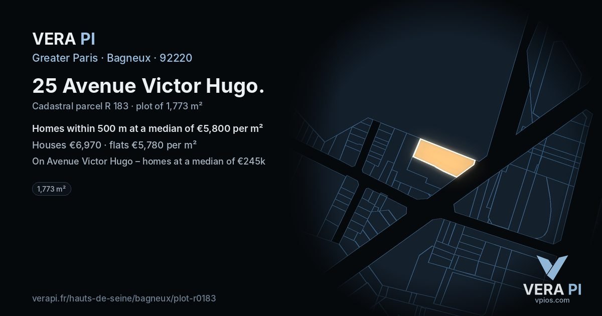 25 Avenue Victor Hugo, Bagneux at night – the plot lit, the parcels around coloured by the prices near them